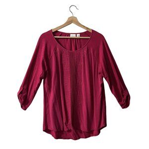 Chicos Emmie Embroidered Top Size 2 Large Dark Pink 3/4 Sleeve 570175053